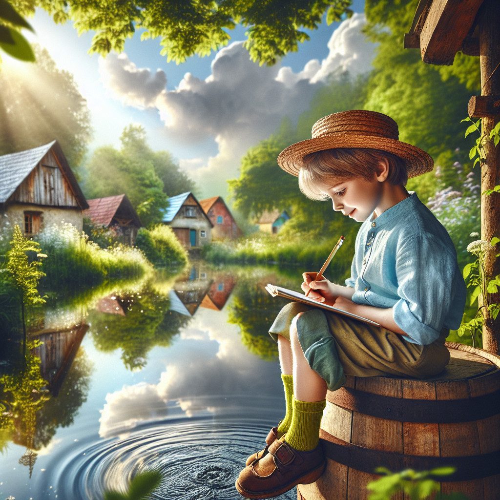 Young boy sketching by serene lake with cottages