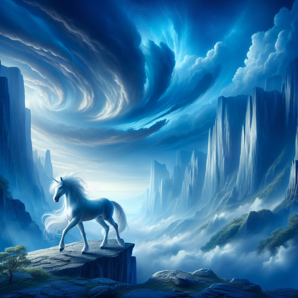 Unicorn on Rocky Ledge Amidst Mystical Landscape