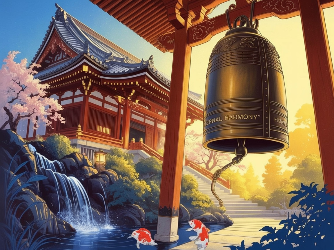 Traditional Asian Temple Surrounded by Cherry Blossoms