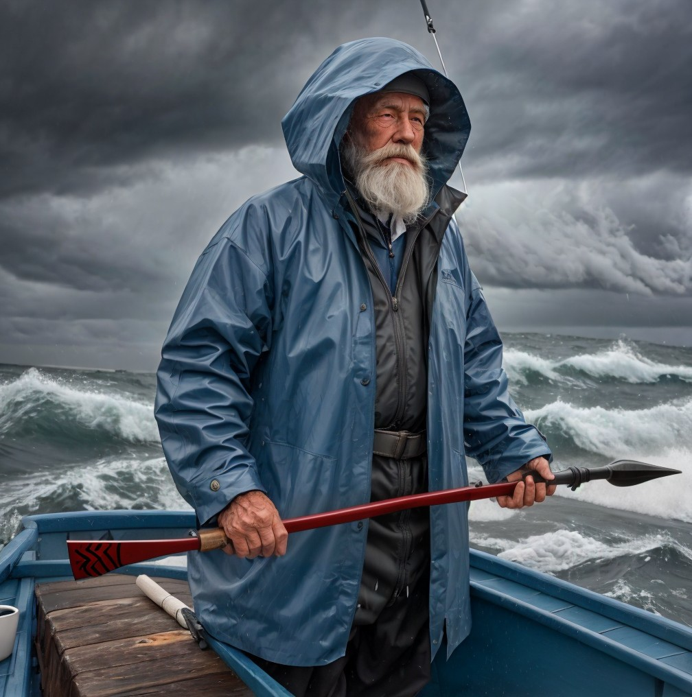 Elderly Man in Fishing Boat Amidst Stormy Seas