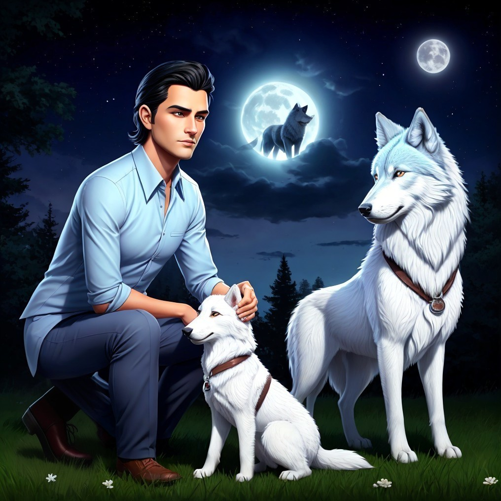 Young man with dog and wolf in moonlit forest scene