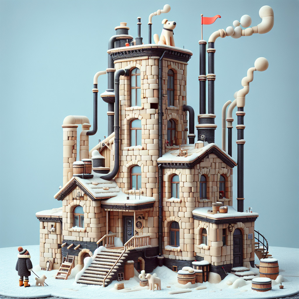 Whimsical Stone Factory in a Winter Wonderland Scene
