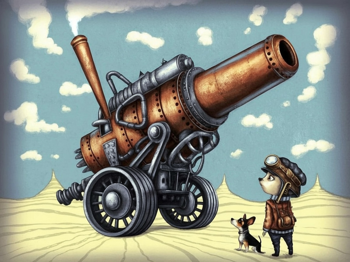 Steampunk Cannon in a Whimsical Desert Landscape