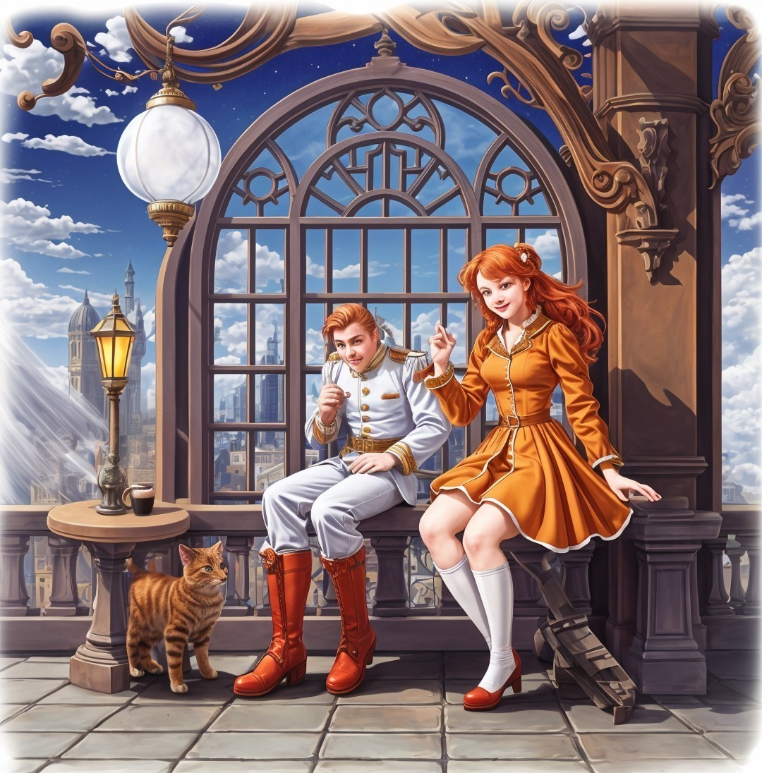 Whimsical Balcony Scene with Young Couple and Cat