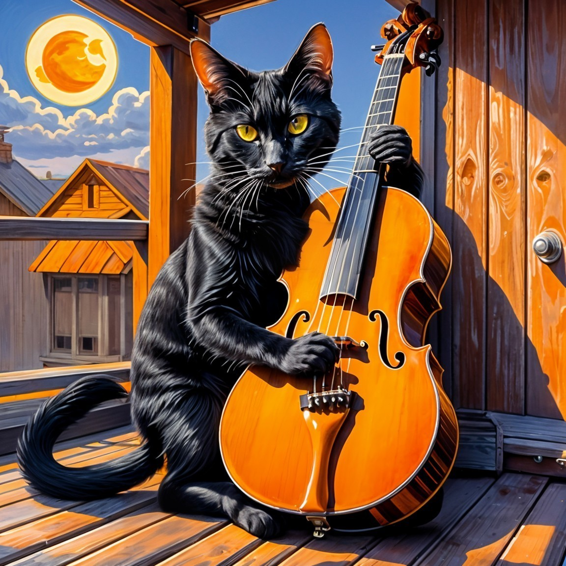 Whimsical Black Cat Playing Violin on a Balcony