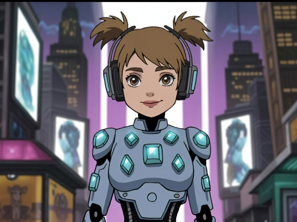 Young girl in metallic armor with futuristic headphones