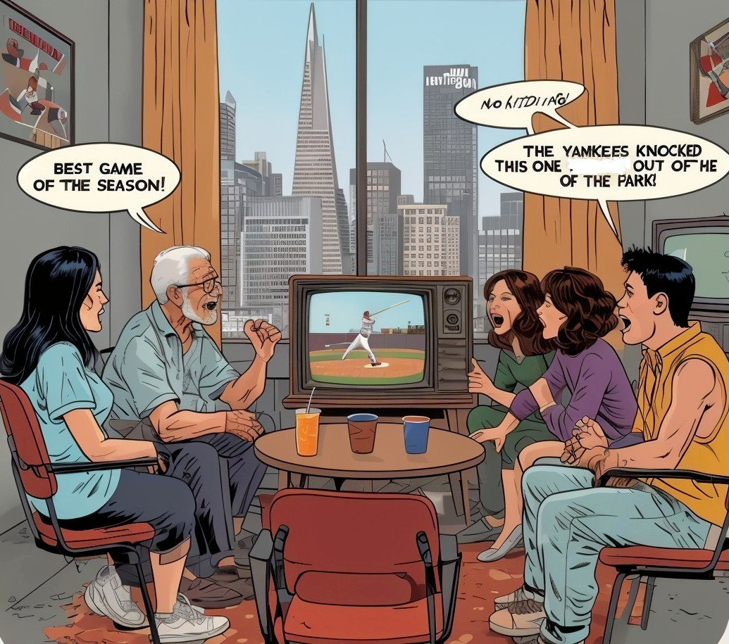 Friends Watching Baseball in a Cozy Living Room