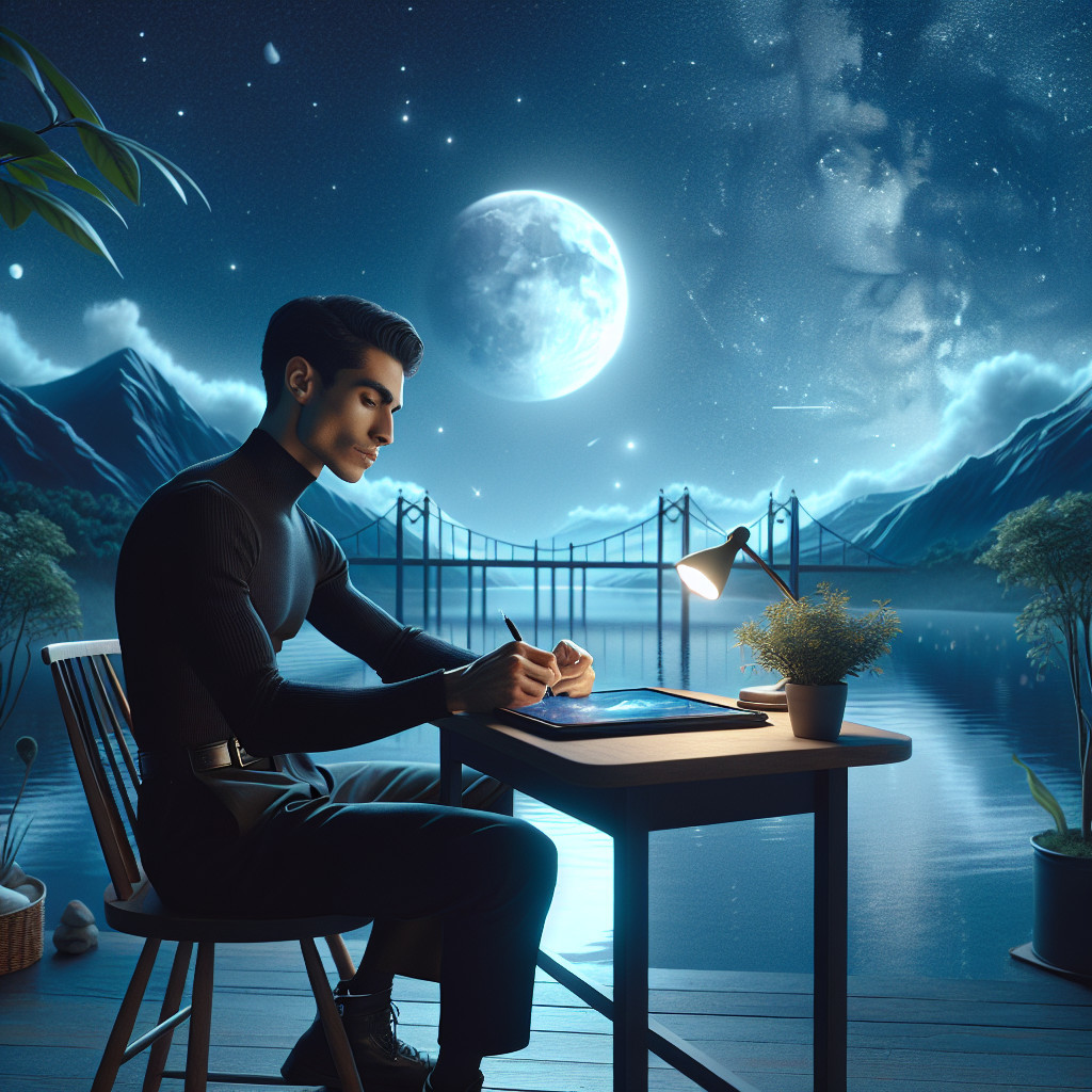 Young man sketches by a moonlit tranquil lake