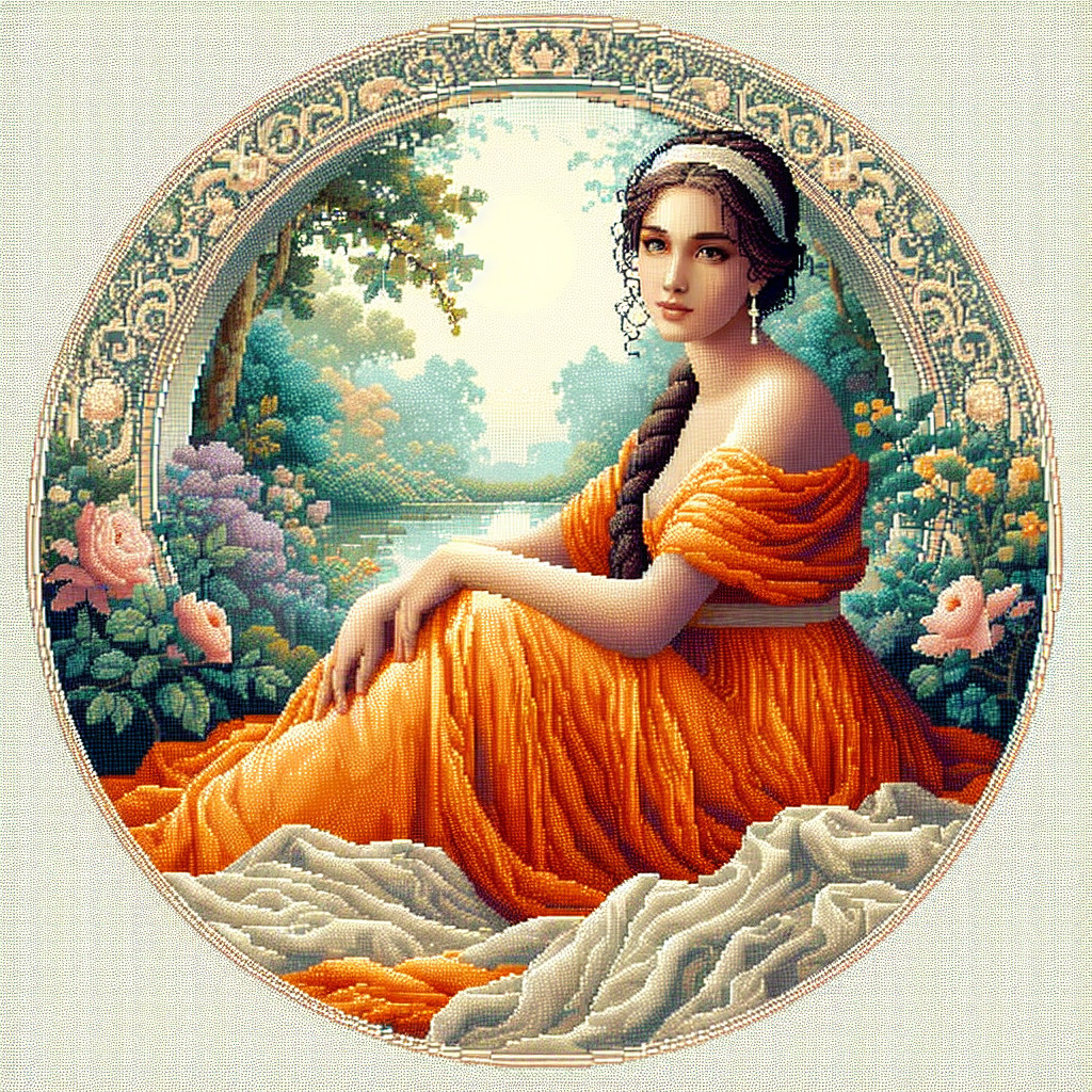Serene Woman in Orange Gown Surrounded by Nature