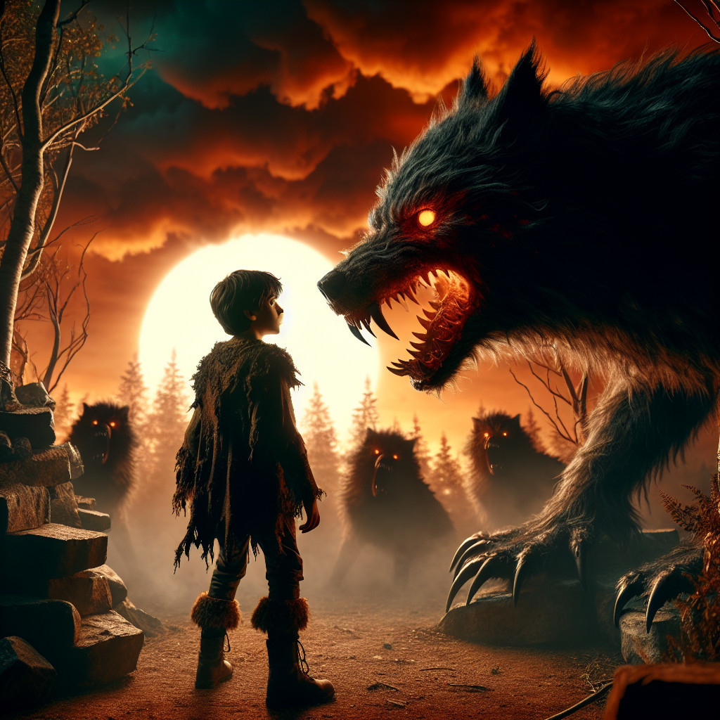 Young Boy Confronts Menacing Wolf in Twilight Scene