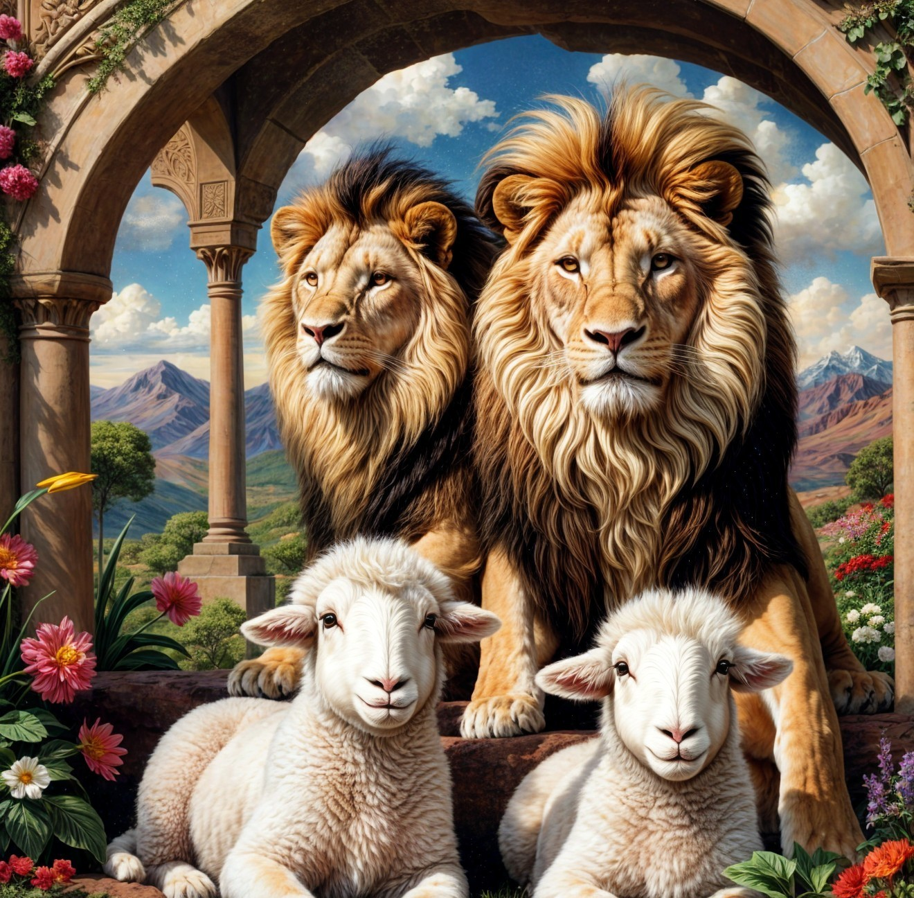 Lions and Lambs in a Scenic Mountain Landscape