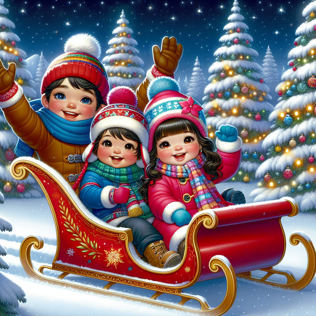 Children in a festive sleigh amid snowy Christmas trees