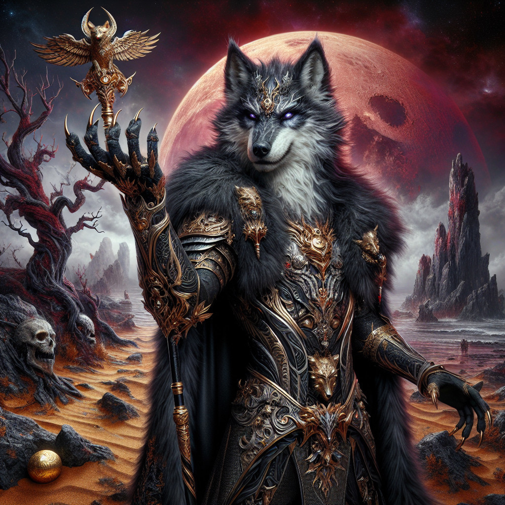 Anthropomorphic wolf in ornate armor under red moon
