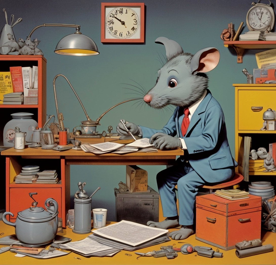 Cartoon Mouse in Suit Writing at Cluttered Desk