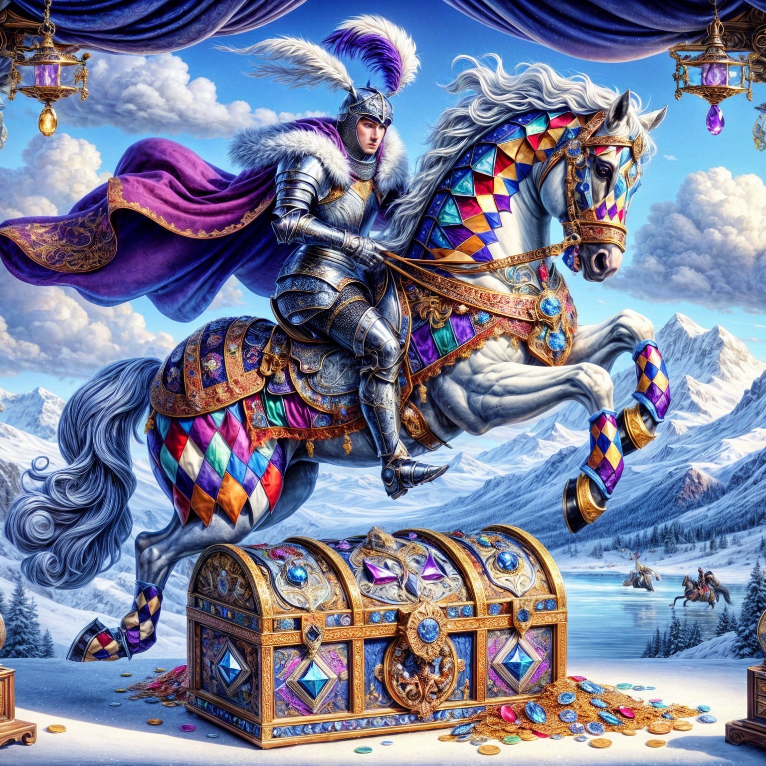 Knight on White Horse with Treasure Chest and Mountains