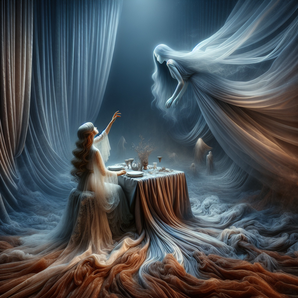 Ghostly Figure and Woman in Mystical Setting