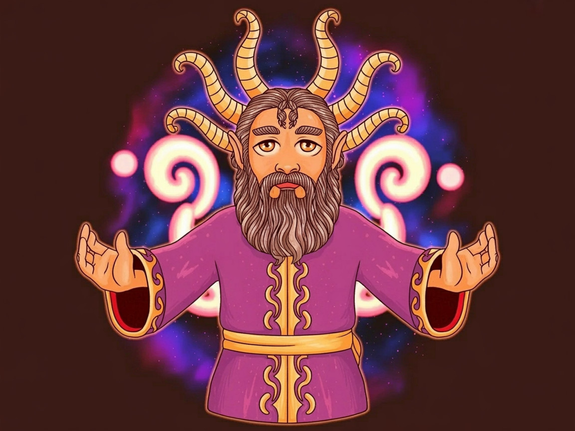Mystical figure in purple robe with cosmic background