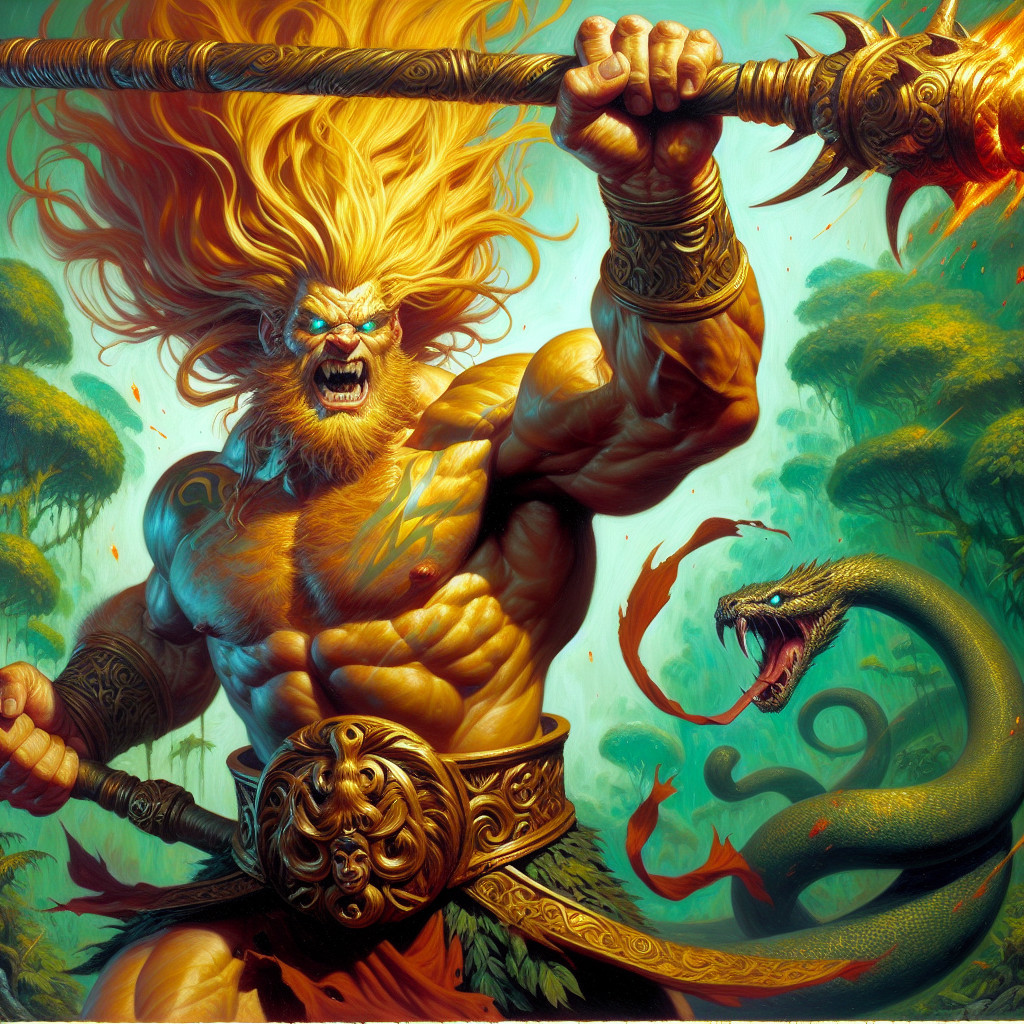 Warrior with Fiery Hair and Mace in Jungle Setting