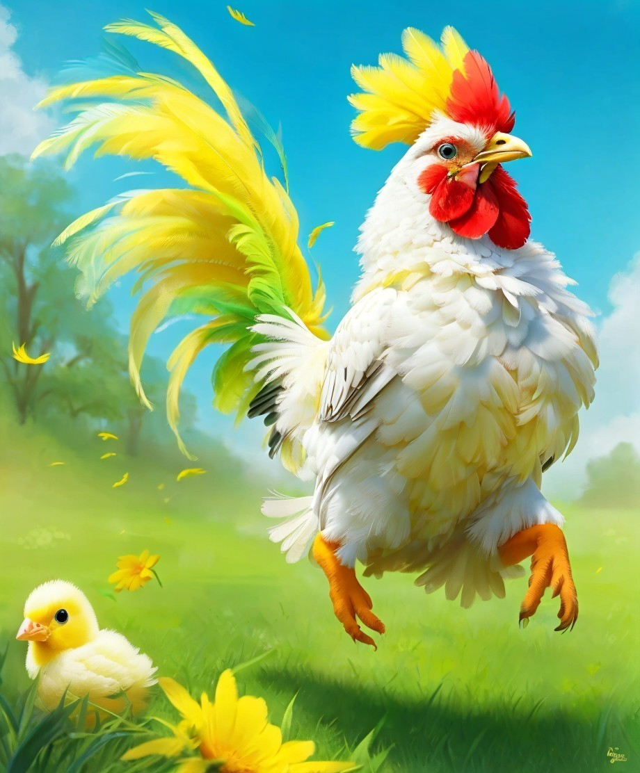 Cartoon Rooster and Chick in Lush Green Field