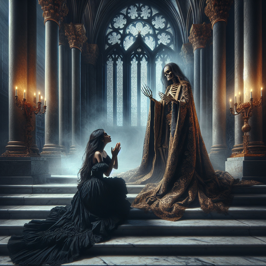 Gothic Cathedral Scene with Woman and Skeleton Figure