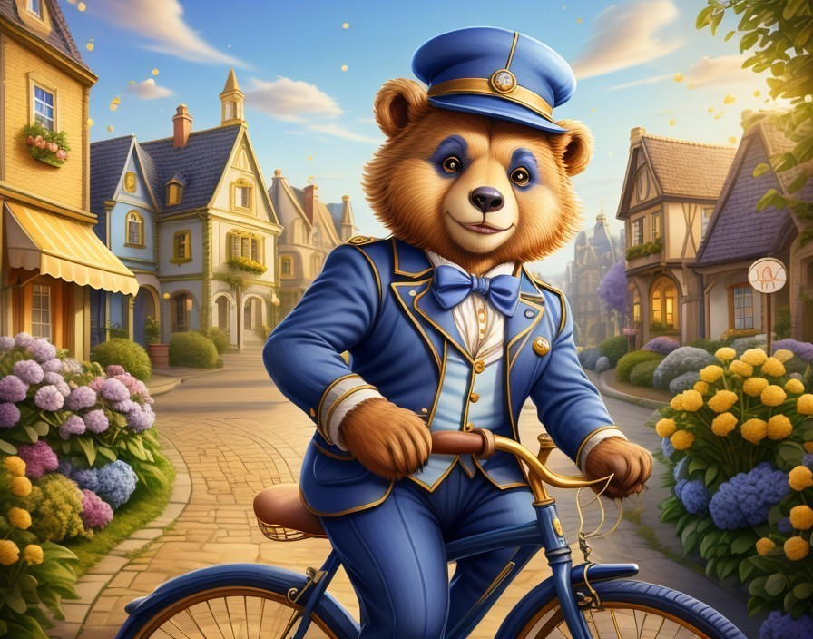 Bear in Conductor Uniform Riding Bicycle in Village