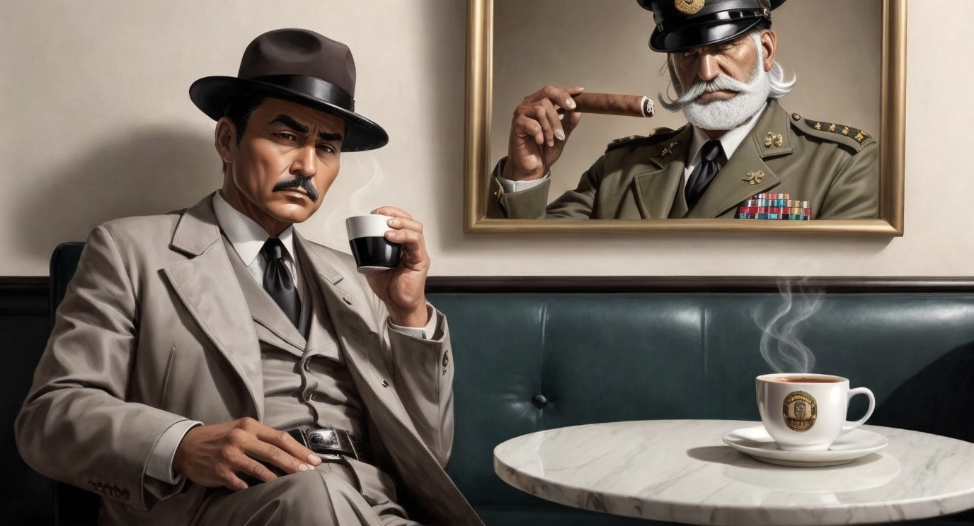 Vintage Scene with Man, Coffee, and Military Portrait