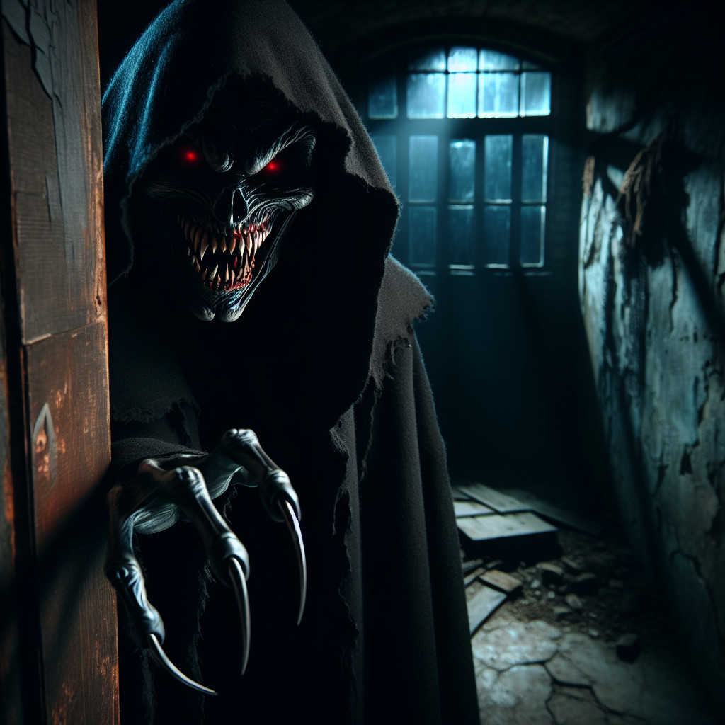 Menacing Figure in Dark Eerie Room with Shadows