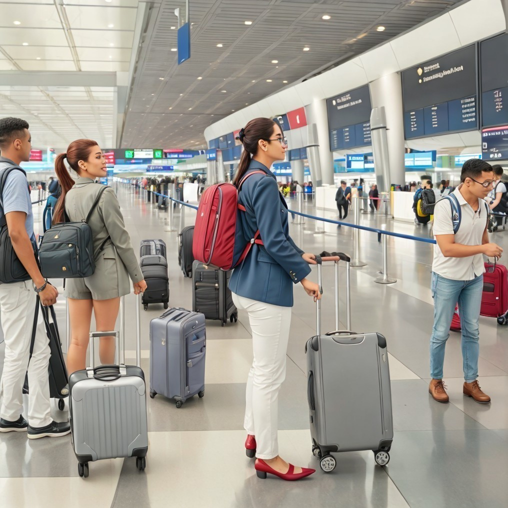 Travelers with Luggage in Busy Airport Terminal