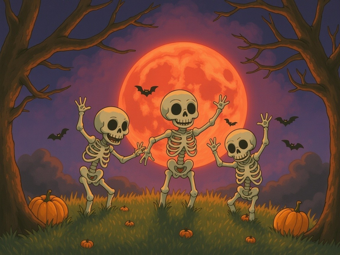 Skeletons dancing under a glowing orange full moon