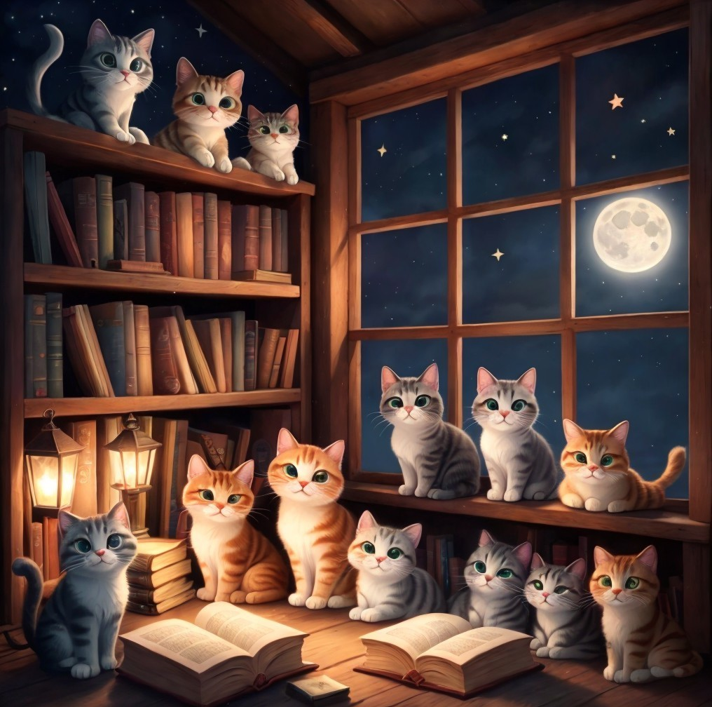 Cats Gather Around Books in a Cozy Lantern-Lit Room