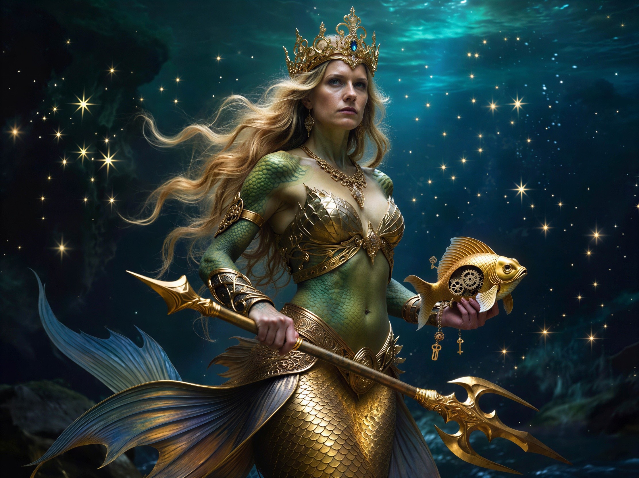 Mermaid Queen Description with Golden Armor and Tail