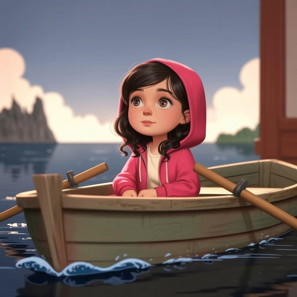 Young girl in pink hoodie on calm water boat