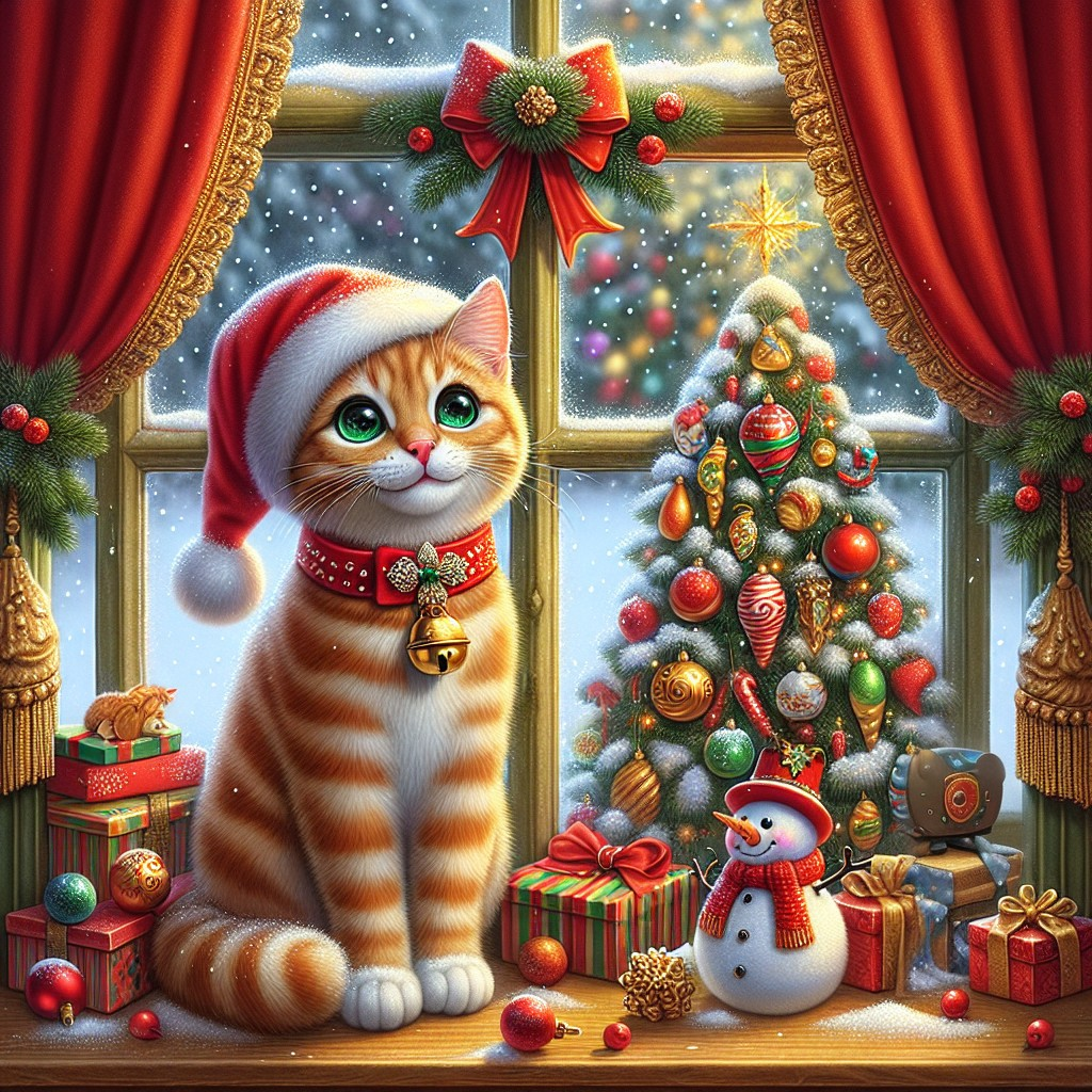 Fluffy Orange and White Tabby Cat in Santa Hat