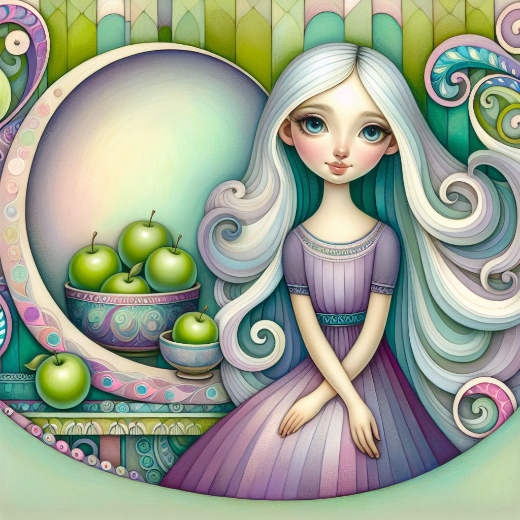 Colorful Illustration of Girl with Silver Hair and Apples