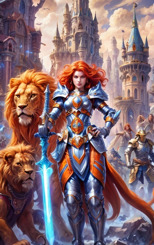 Warrior Woman in Armor with Lions and Castle Background