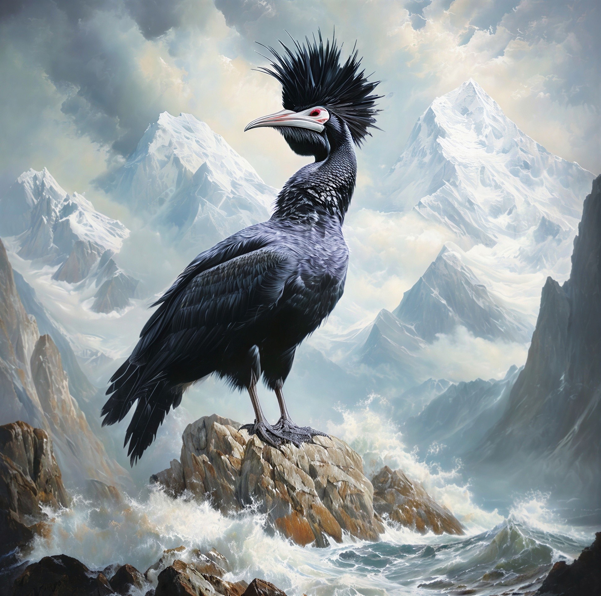 Majestic Black Bird on Rocky Outcrop with Waves