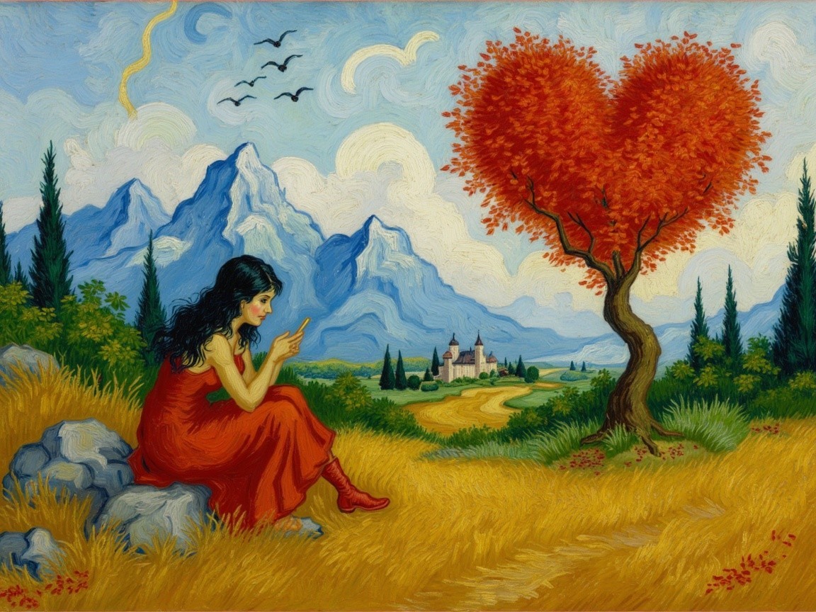 Woman in Red Dress with Heart-Shaped Tree Landscape