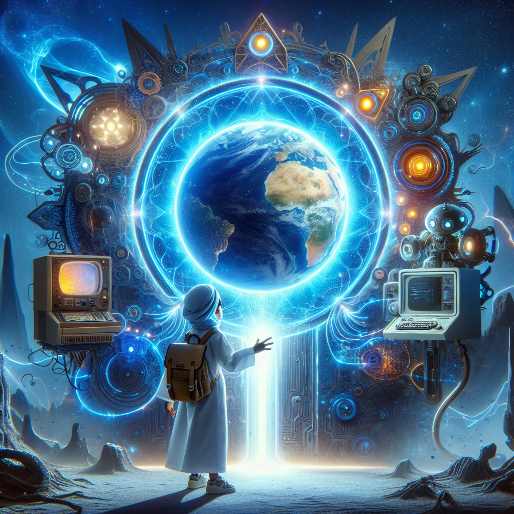 Child in Futuristic Robe by Glowing Portal and Earth