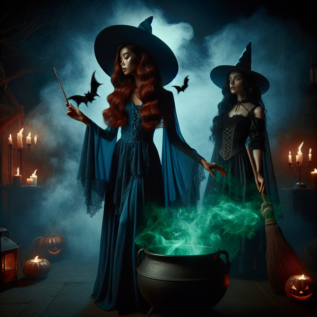 Witches by Cauldron in Mysterious Dim Lighting
