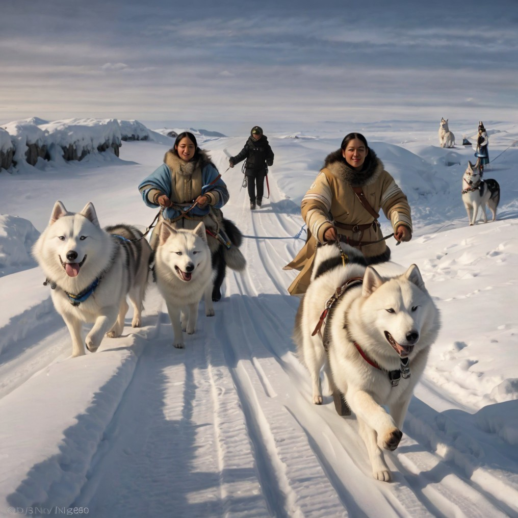 Group in Traditional Clothing with Siberian Huskies in Snow