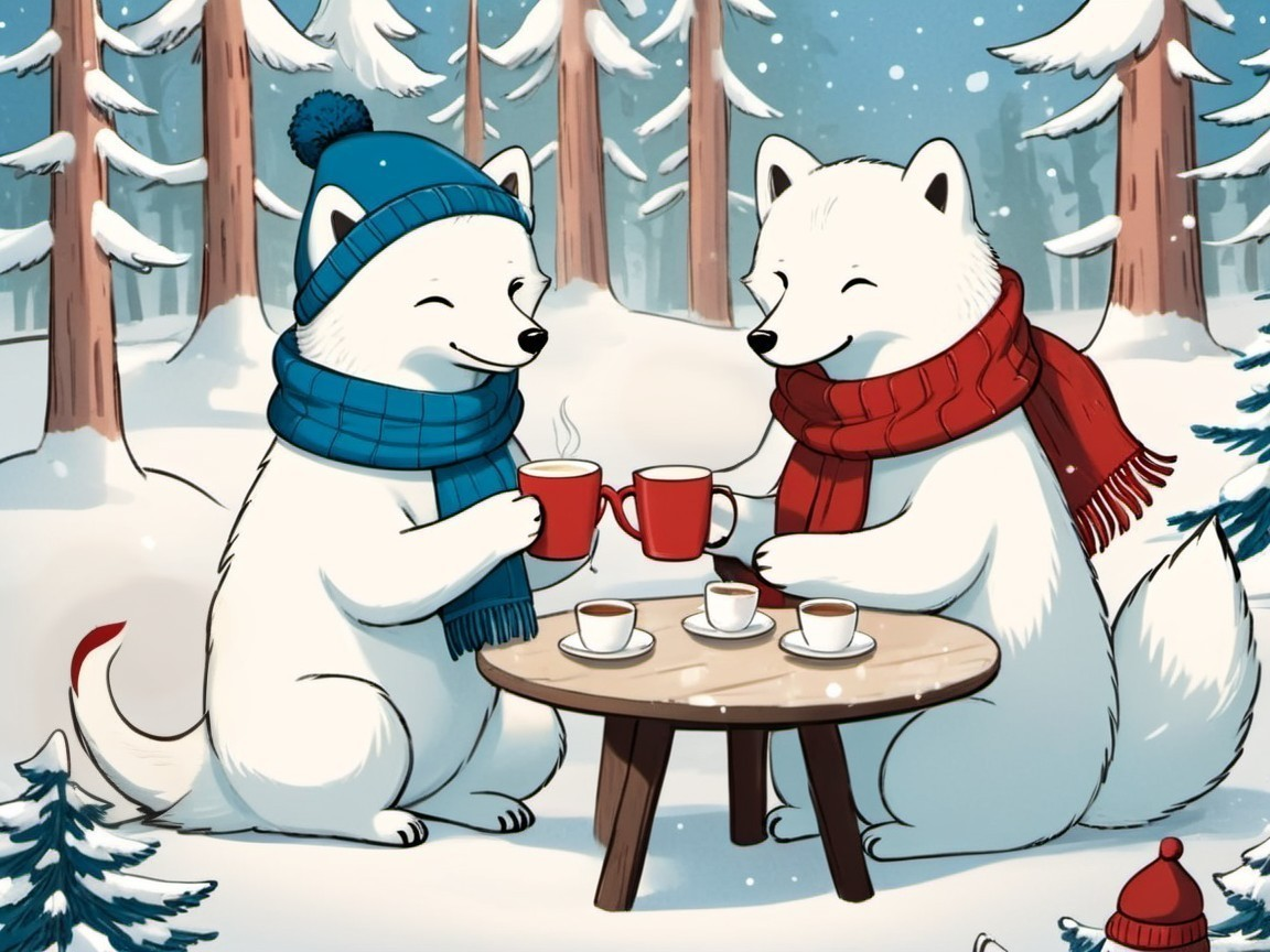 Charming White Foxes at a Winter Table in Snowy Forest
