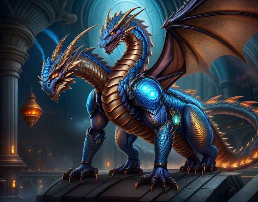 Three-Headed Dragon on Stone Pedestal in Gothic Setting