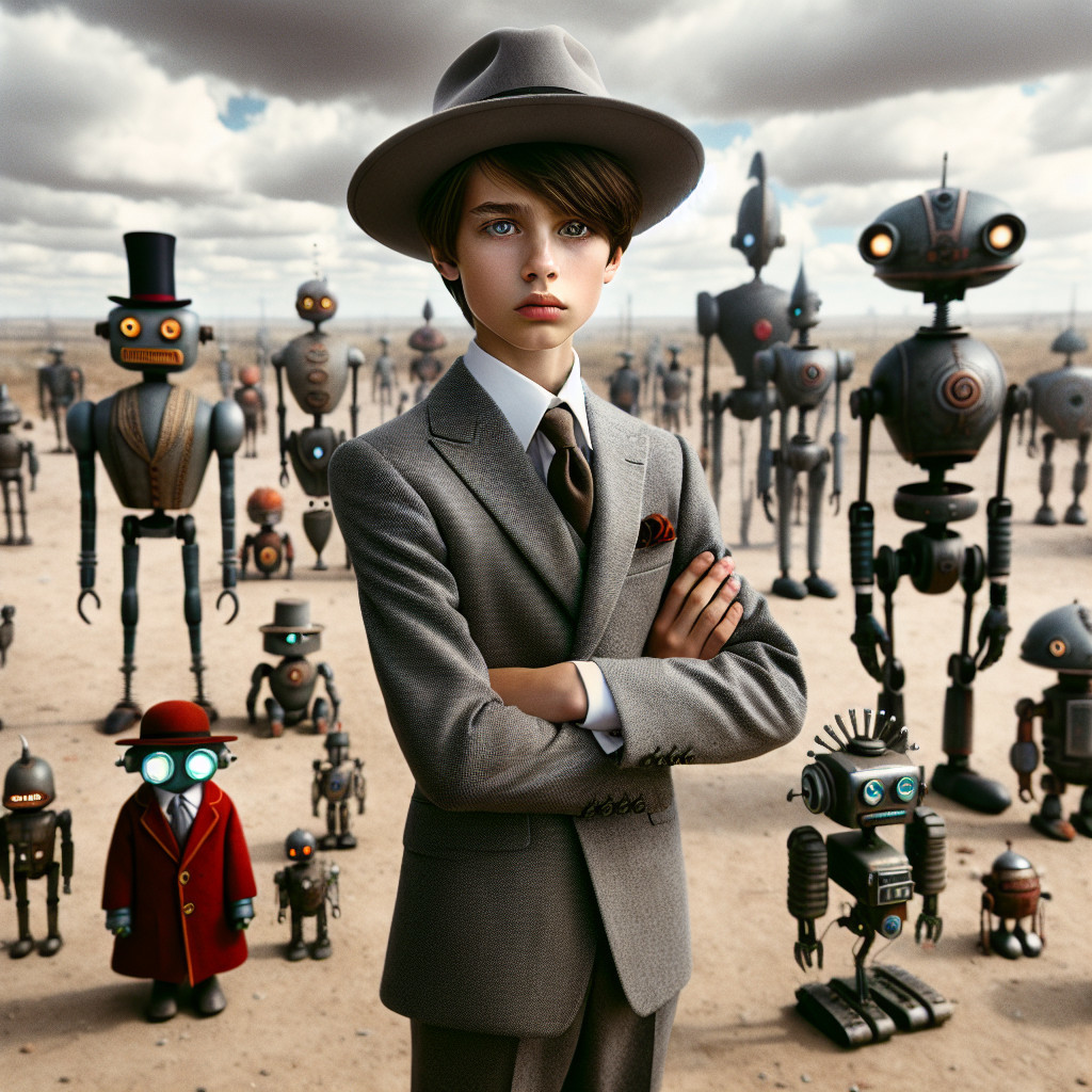 Young Boy in Suit Surrounded by Whimsical Robots