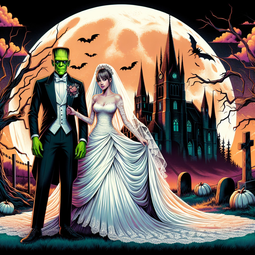 Gothic Wedding Scene with Frankenstein Groom and Bride