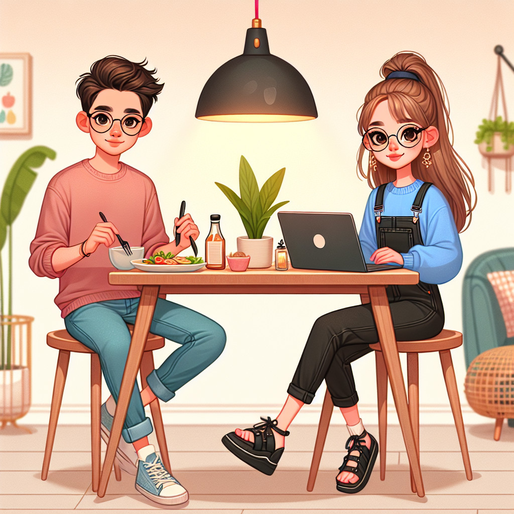 Cozy Dining Scene with Young Couple at Wooden Table