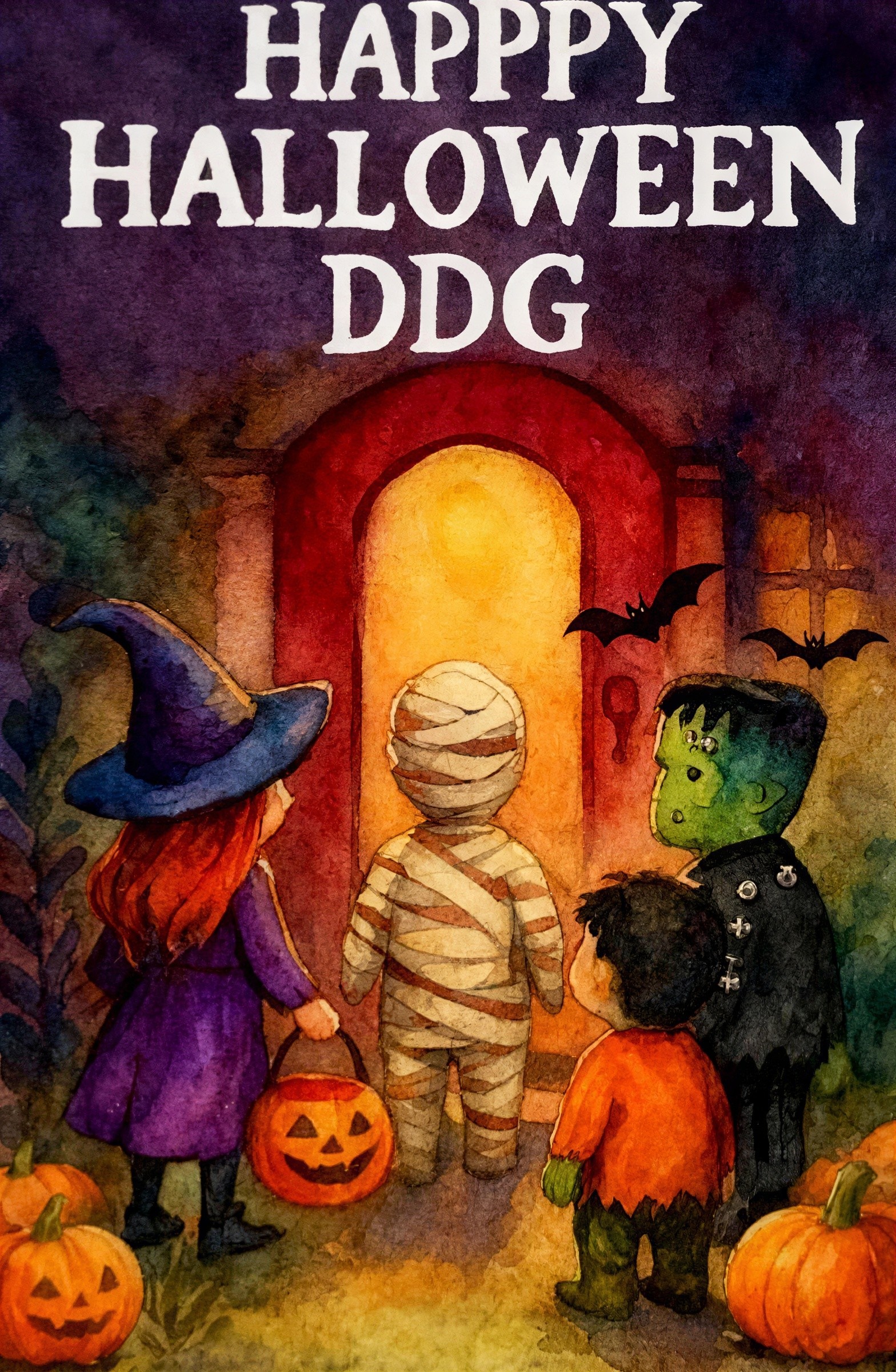 Whimsical Halloween Scene with Costumed Children