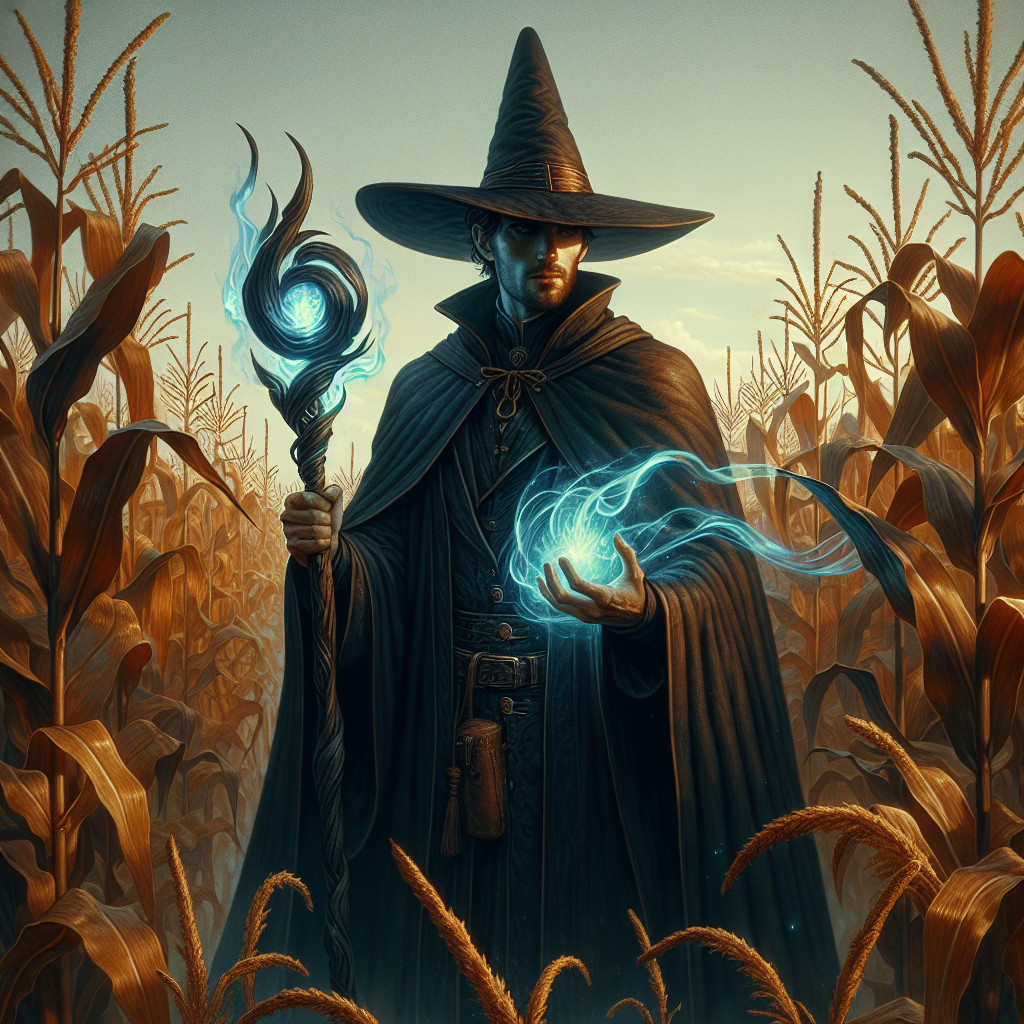 Wizard in a Golden Cornfield with Ethereal Flames