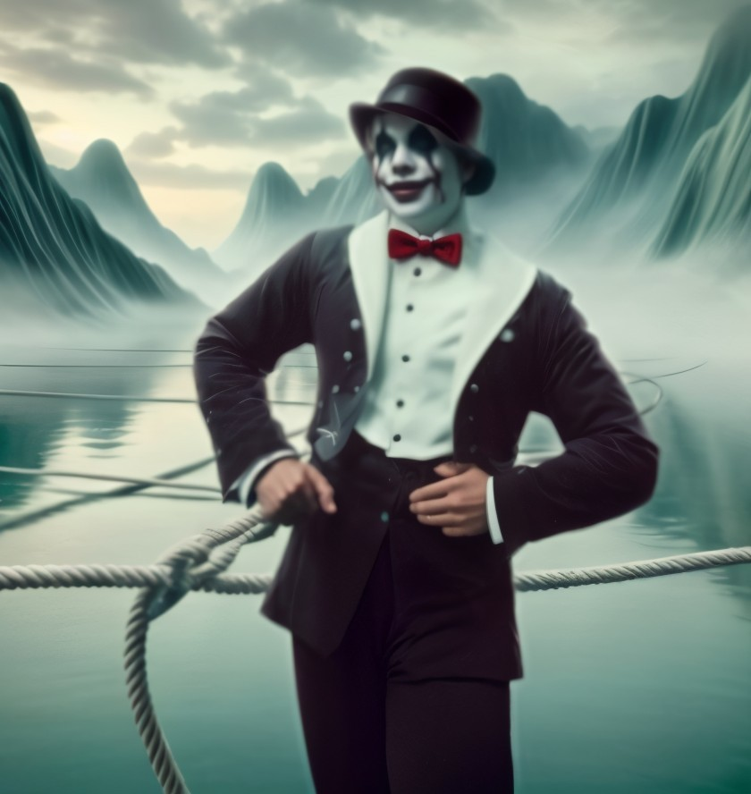 Mysterious Clown Balancing on Rope Above Misty Water