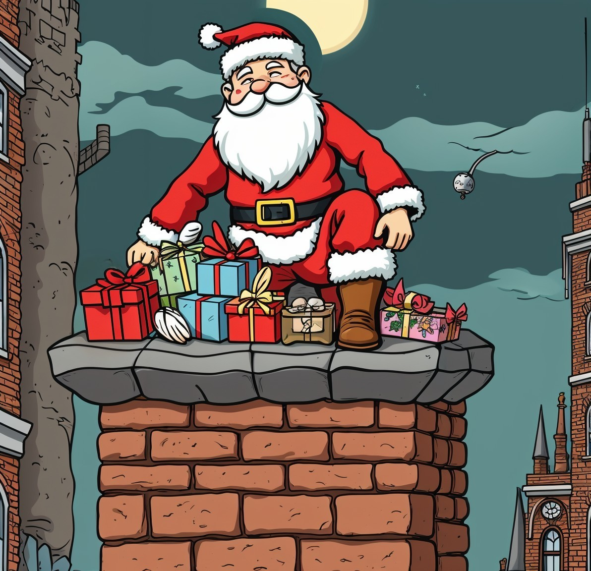 Santa Claus on Chimney with Gifts Under Full Moon