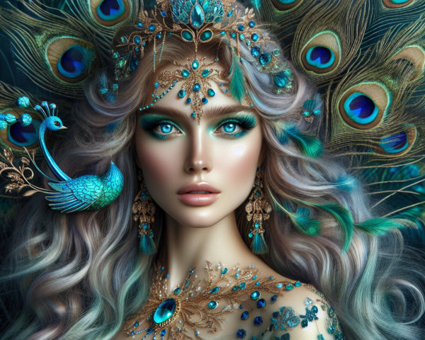 Portrait of a woman with peacock-themed jewelry and headdress